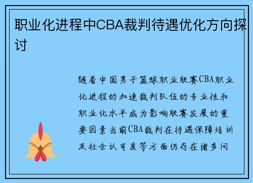 职业化进程中CBA裁判待遇优化方向探讨