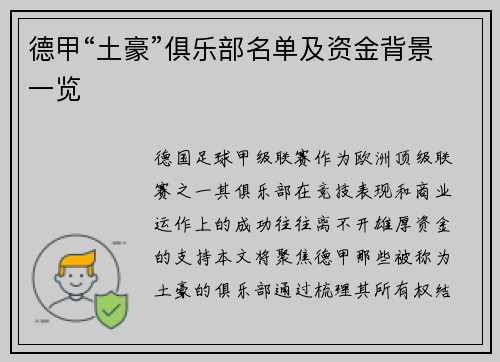 德甲“土豪”俱乐部名单及资金背景一览